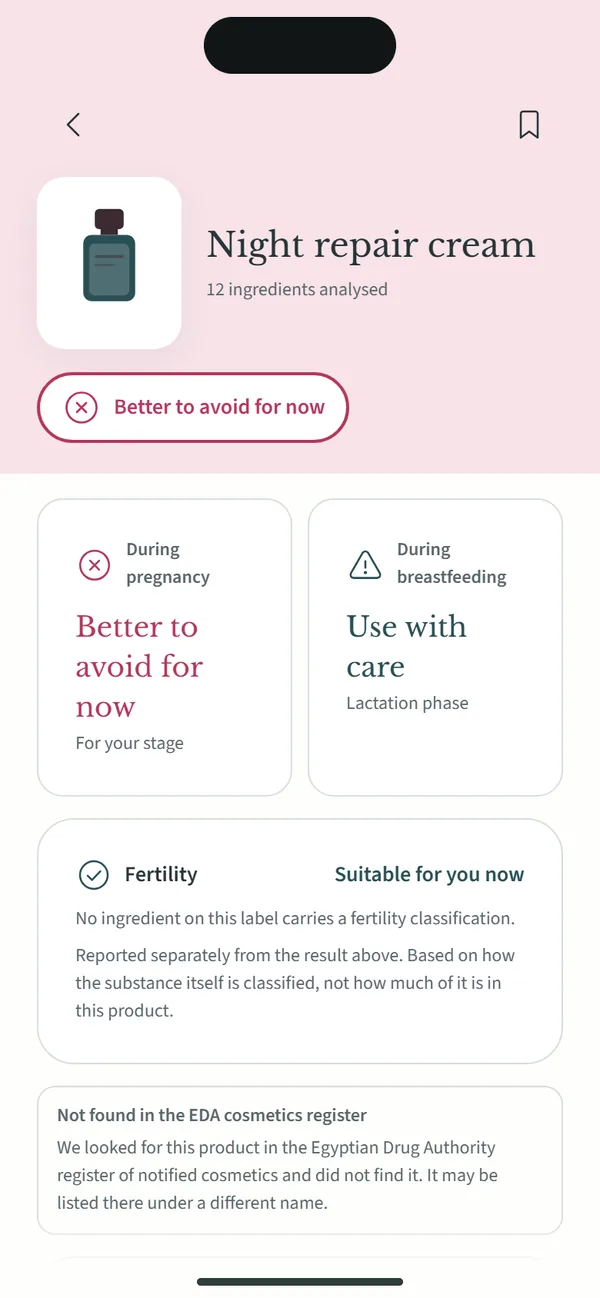 A product result with separate answers for pregnancy and breastfeeding, the register check and the flagged ingredient.
