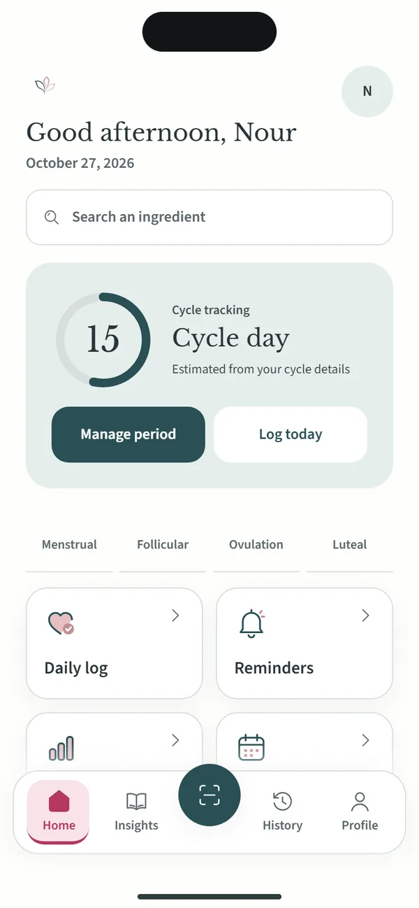 The home screen showing cycle day 13.
