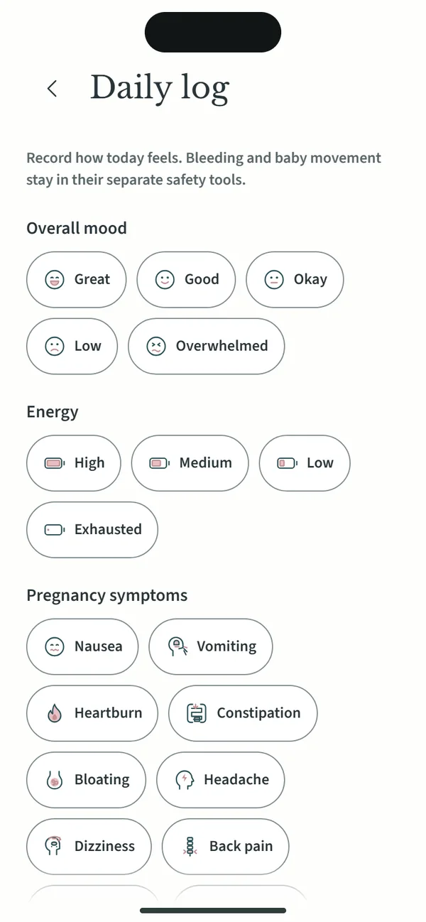 The pregnancy daily log with mood, energy and pregnancy symptoms.