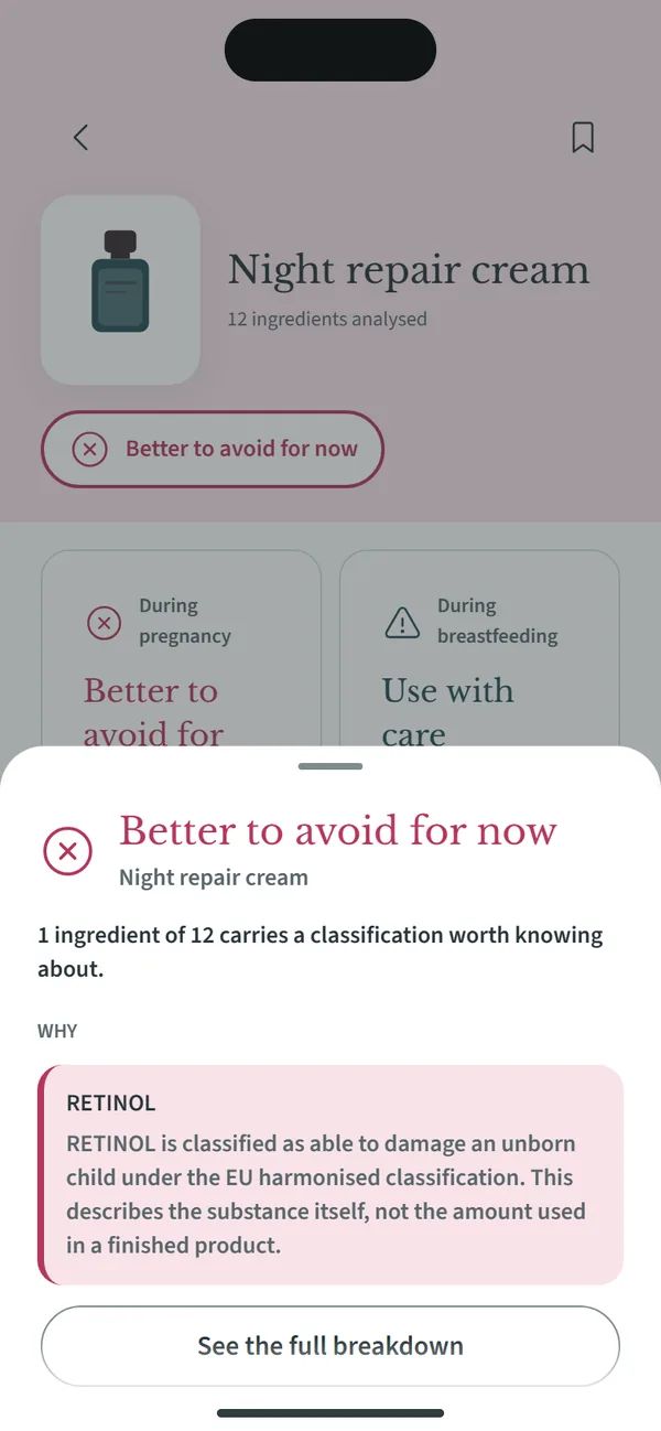 The Lillalab app showing “Better to avoid for now” for a night repair cream during pregnancy, with retinol as the reason.